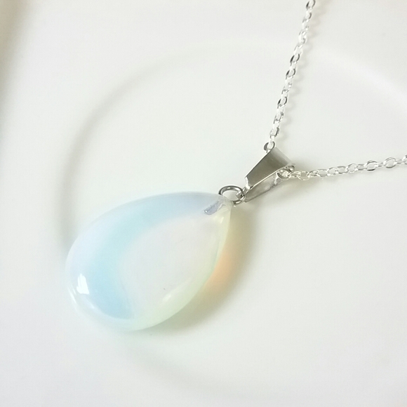 East Closet Jewelry - Opalite Stone Teardrop Pendant Silver Necklace